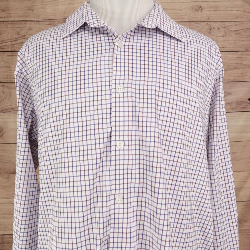 JM Haggar Dress Shirt Mens 18.5 34/35 Classic Fit Plaid Stretch Long Sleeve
